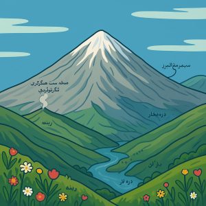 نمایی از کوه دماوند با برچسبهایی از زندان ضحاک، سیمرغ البرز و چشمههای گوگردی