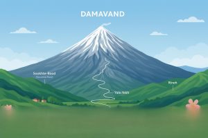 نمایی از بلندترین آتشفشان خاورمیانه با قله‌ای برفی، دشت‌های سرسبز، و پرنده‌ای اسطوره‌ای در حال پرواز؛ نمادی از طبیعت، اسطوره و عظمت ایران