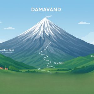نمایی از بلندترین آتشفشان خاورمیانه با قله‌ای برفی، دشت‌های سرسبز، و پرنده‌ای اسطوره‌ای در حال پرواز؛ نمادی از طبیعت، اسطوره و عظمت ایران