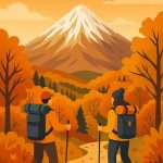 دو کوهنورد در مسیر پاییزی به سوی قله دماوند نماد ملی ایران ، با تجهیزات پایدار و منظره‌ای از درختان نارنجی و قله برفی در پس‌زمینه