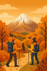 دو کوهنورد در مسیر پاییزی به سوی قله دماوند نماد ملی ایران ، با تجهیزات پایدار و منظره‌ای از درختان نارنجی و قله برفی در پس‌زمینه