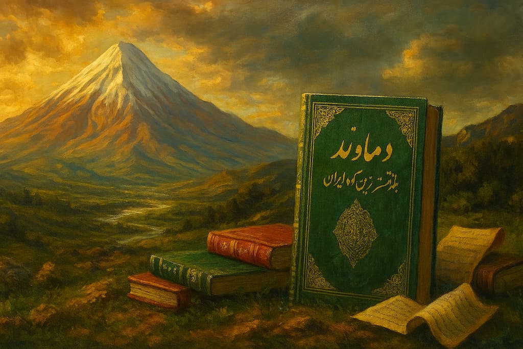 کتاب دماوند با جلد سبز و نقش طلایی، در پیشزمینهی قلهی برفی دماوند؛ نمادی از دانش، طبیعت و میراث علمی ایران