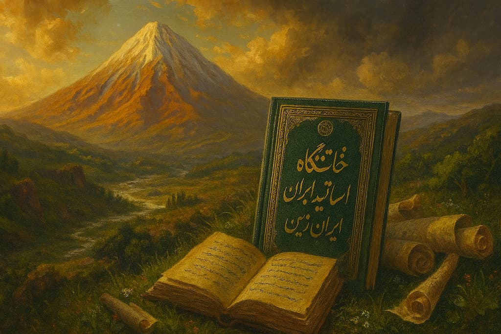 قله دماوند در نور غروب، همراه با کتابی با عنوان «خاستگاه اساطیر ایران زمین» و طومارهای باستانی در پیشزمینه؛ نمادی از پیوند طبیعت و اسطوره در فرهنگ ایرانی