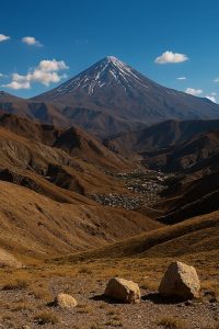 منظره‌ای از منطقه لاریجان در دماوند با چشم‌انداز کوه دماوند، تپه‌های طلایی، و آسمان آبی با ابرهای پراکنده