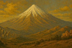 قله دماوند با پوشش برفی در نور طلایی غروب، محصور در ابرهای دراماتیک و دامنه‌های سرسبز البرز