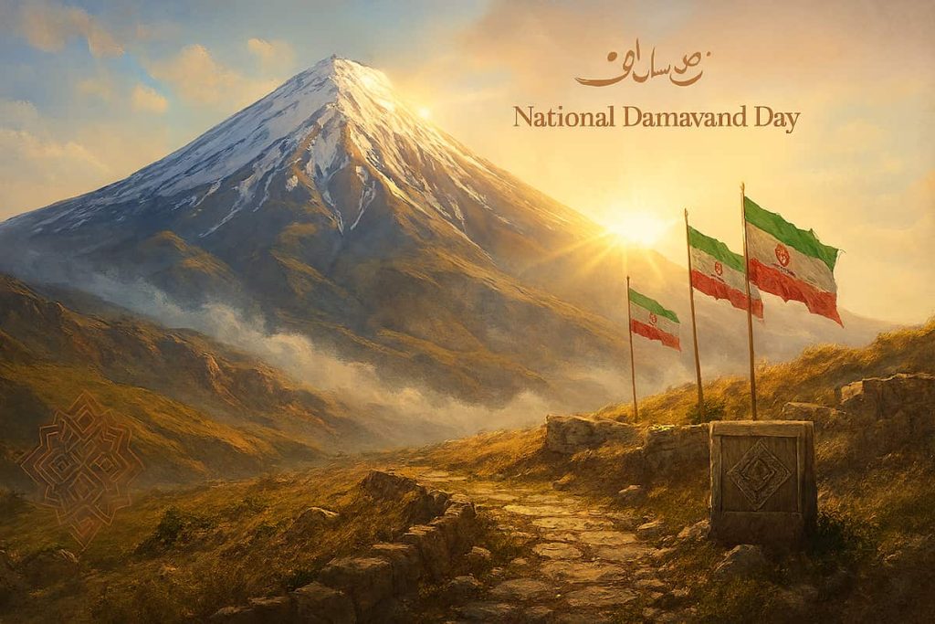 کوه دماوند در روز ملی؛ قلهای برفی در طلوع آفتاب با مه در دامنهها، پرچمهای ایران، و نمادهای فرهنگی