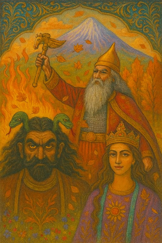 جشن مهرگان در دامنه دماوند با طلوع خورشید، فریدون بخشنده و ضحاک در بند