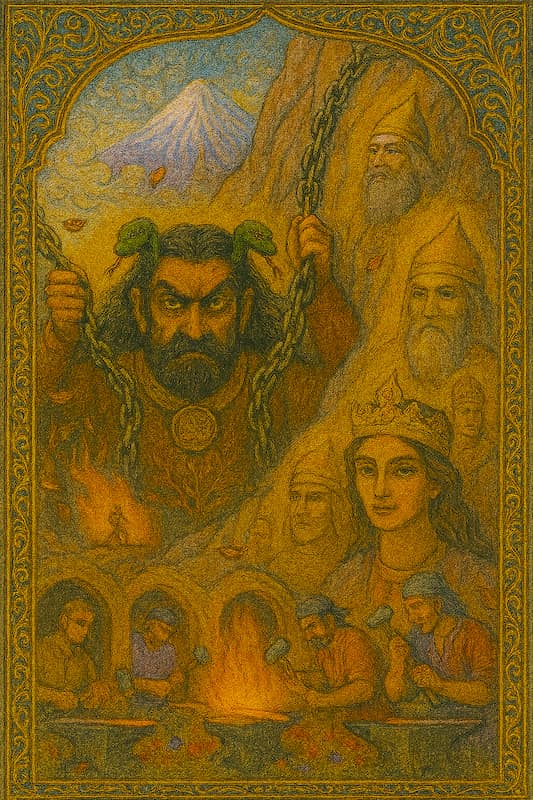 ضحاک در بند بر صخرههای دماوند، ارمائیل نگهبان، و آهنگران در دکانهای کوهستانی