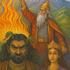 جشن مهرگان و دماوند ضحاک در بند بر فراز دماوند، فریدون پیروز در پیش‌زمینه، با رنگ‌های پاییزی مهرگان