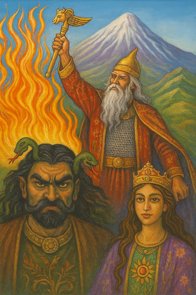 جشن مهرگان و دماوند ضحاک در بند بر فراز دماوند، فریدون پیروز در پیش‌زمینه، با رنگ‌های پاییزی مهرگان