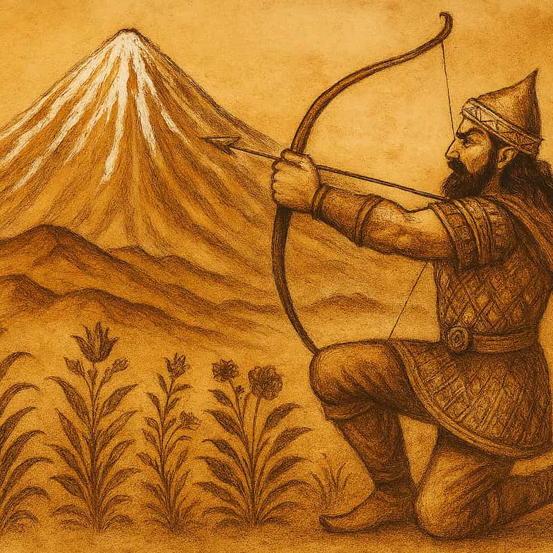 آرش کمانگیر در حال پرتاب تیر از فراز کوه دماوند، در فضایی حماسی و مهآلود با نور طلایی افسانهای