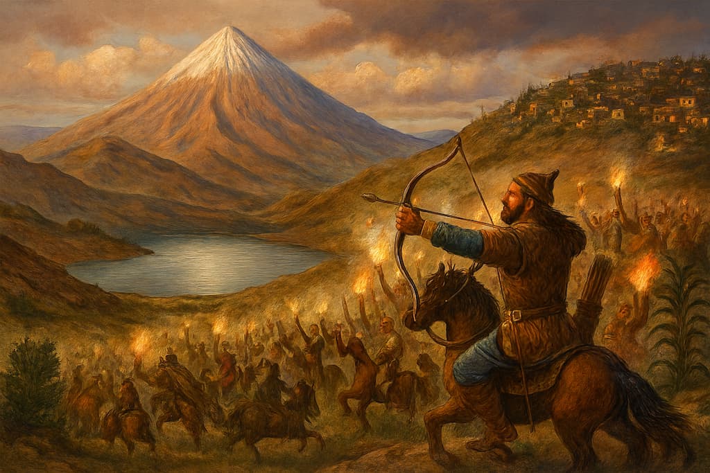 نمایی رئال از دریاچه دماوند با سطح آب کاهشیافته، زمینهای خشک اطراف، و جشن مردمی با اسبسواری و آتشافروزی شبانه در دامنه کوه