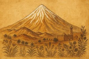 نمایی افسانه‌ای از کوه‌ نامه دماوند در طلوع خورشید، با قله‌ای پوشیده از برف و دره‌های مه‌آلود اطراف