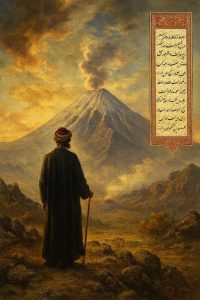 نقاشی سبک مینیاتور ایرانی و منظره رمانتیک از مردی با ردای سبز و دستار قرمز که بر فراز صخرهای ایستاده و به قلهای مخروطیشکل با قلهی پوشیده از برف و دود گوگرد در حال خروج از دهانه آن مینگرد. آسمان طلایی و ابری، کوههای اطراف و تابلوی خوشنویسی اسلامی در گوشه تصویر دیده میشود.