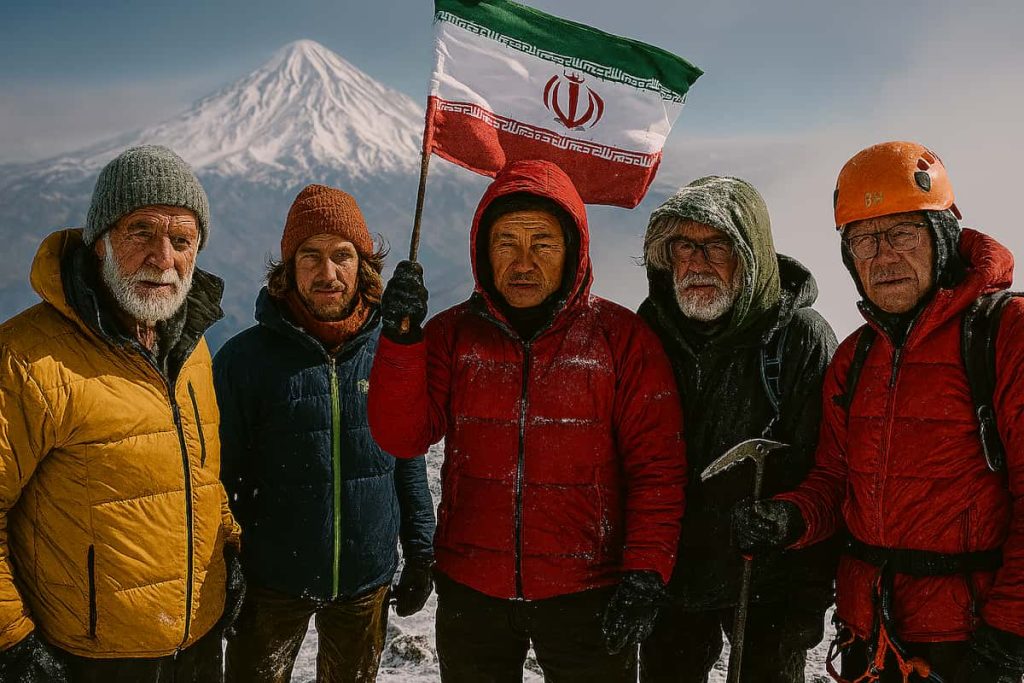 گروهی از اسطورههای کوهنوردی بینالمللی در حال صعود به قلهی دماوند، با تجهیزات حرفهای و پرچمهای ملی