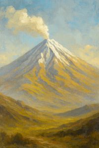 نمایی دیجیتال از آتشفشان نیمه خاموش دماوند با بخارهای آتشفشانی، در میان آسمان ابری و چشم‌انداز کوهستانی