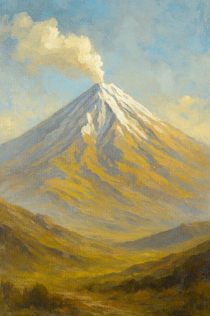 نمایی دیجیتال از آتشفشان نیمه خاموش دماوند با بخارهای آتشفشانی، در میان آسمان ابری و چشمانداز کوهستانی