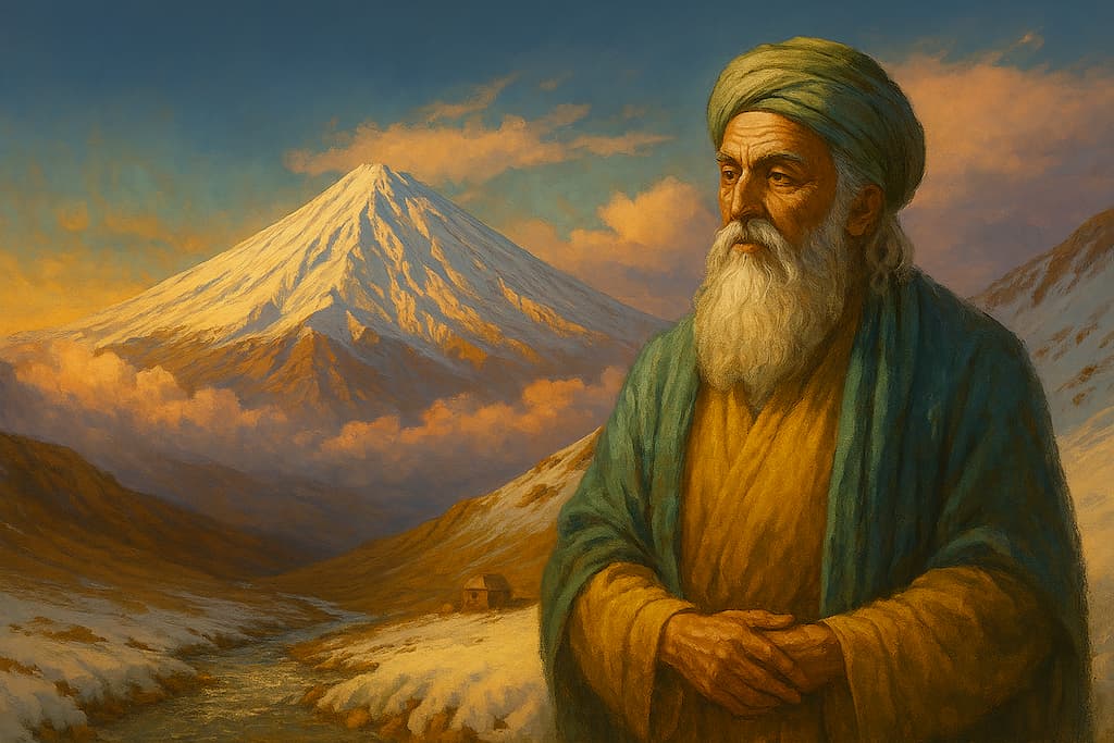 تصویر هنری از شاه نعمتالله ولی در حال عبادت در قله برفی دماوند در زمستان، با نور طلایی و فضای عرفانی در ابعاد 16:9
