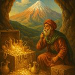 گنجینه دماوند با پیرمرد جستجوگر، صندوق پر از طلا و نمایی از قله دماوند در پس‌زمینه