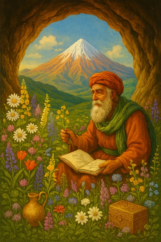 نقاشی گیاهشناسی از گلها و گیاهان دارویی بومی کوه دماوند با پسزمینهای از قلهی مهآلود و زمینهای سنگی