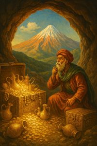 گنجینه دماوند با پیرمرد جستجوگر، صندوق پر از طلا و نمایی از قله دماوند در پس‌زمینه