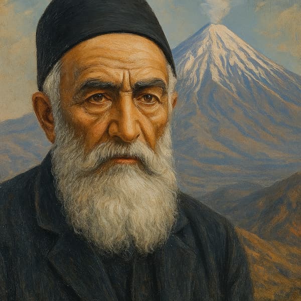 تصویر خیالی طالبوف، نویسنده مشروطهخواه، در حال رؤیای صعود به قله دماوند از دره اژدر، با نمادهای انتقادی و فضای مهآلود کوهستانی