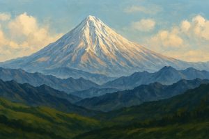 نمایی پانورامیک از قله دماوند در طلوع آفتاب، با قله‌ای پوشیده از برف و دامنه‌هایی مه‌آلود و سرسبز، در سیری بر دماوند