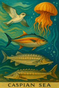 تنوع زیستی دریای خزر تصویری هنری از موجودات زنده دریای خزر شامل ماهی‌های خاویاری، فک خزری، پرندگان مهاجر و آبزیان متنوع