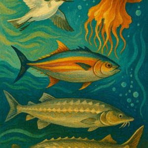 تنوع زیستی دریای خزر تصویری هنری از موجودات زنده دریای خزر شامل ماهی‌های خاویاری، فک خزری، پرندگان مهاجر و آبزیان متنوع