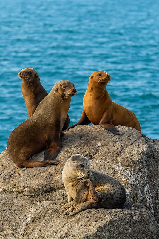 پرهپایان در زیستگاه طبیعی: فکها، شیرهای دریایی و گراز دریایی در حال شنا در آبهای اقیانوسی