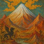 تصویر نگارگری از کوه دماوند با قله برفی، ابرهای طلایی و موجودات اسطوره‌ای