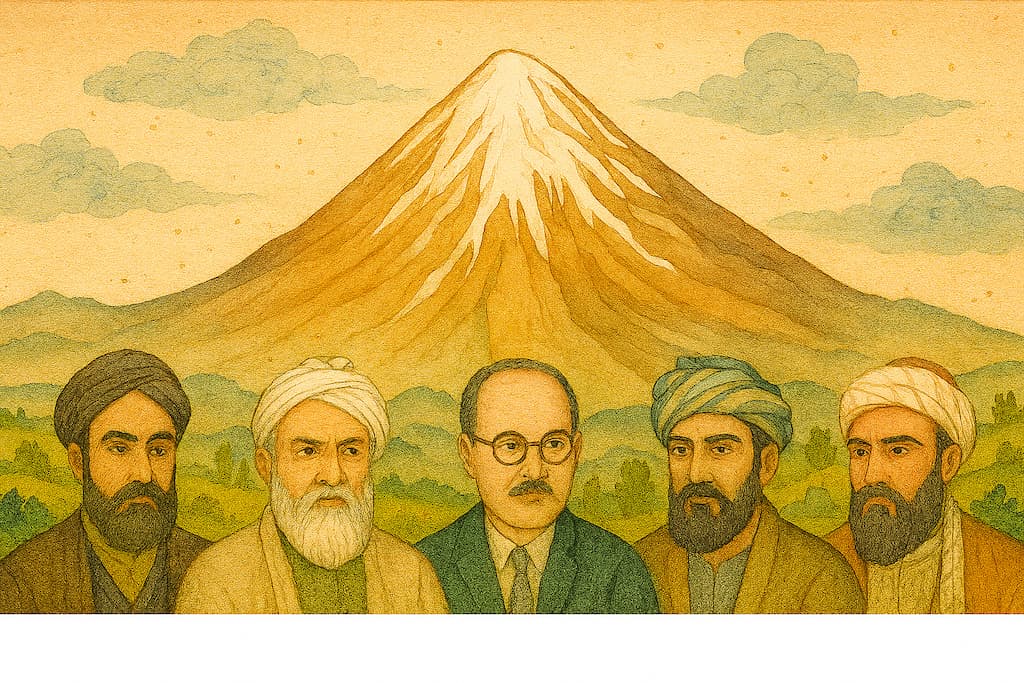 تصویر هنری کوه دماوند با چهرههای شاعران ایرانی در سبک نگارگری سنتی