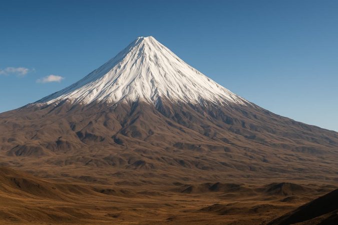 قله دماوند در روایت‌ های تاریخی با دامنه‌های برفی و دشت‌های خشک در پیش‌زمینه