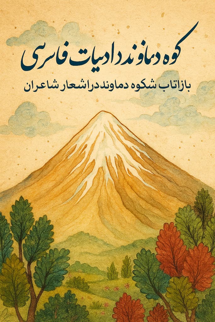 تصویر هنری کوه دماوند با سبک نگارگری ایرانی و خوشنویسی فارسی درباره شعر و ادبیات