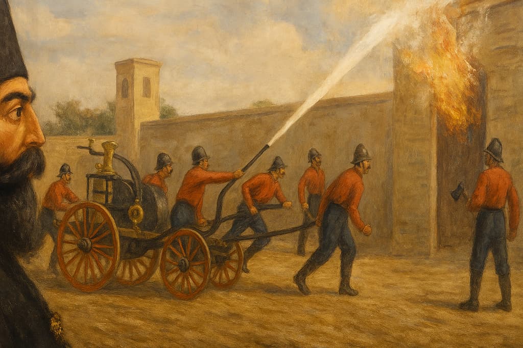 ناصرالدین شاه در حال تماشای مانور آتشنشانان روس در ایستگاه آتشنشانی آستراخان در قرن نوزدهم