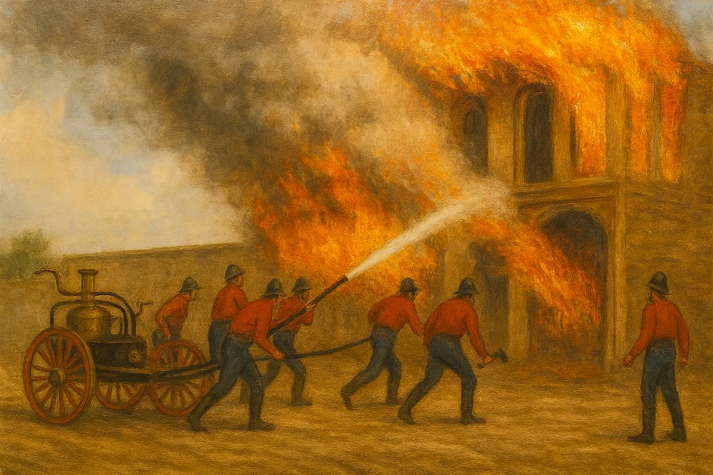 آتشنشانان نخستین اداره آتشنشانی تهران در حال تلاش برای مهار آتشسوزی سالن سینمای بانوان در لالهزار، مهر ۱۳۰۸