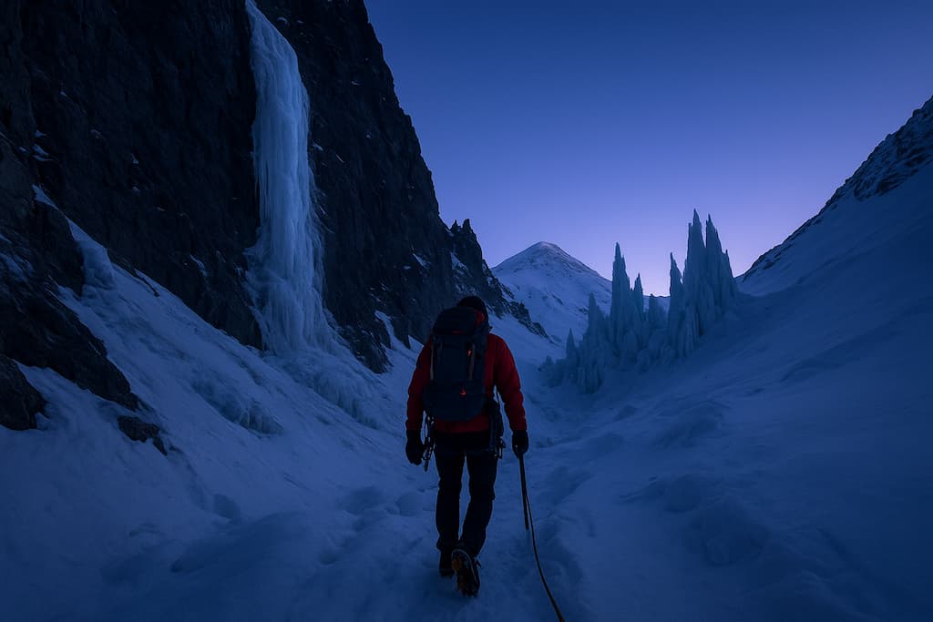 کوهنوردی در درهٔ یخار دماوند در میان یخچالها، برجهای یخی و دیوارههای سنگی در نور غروب.