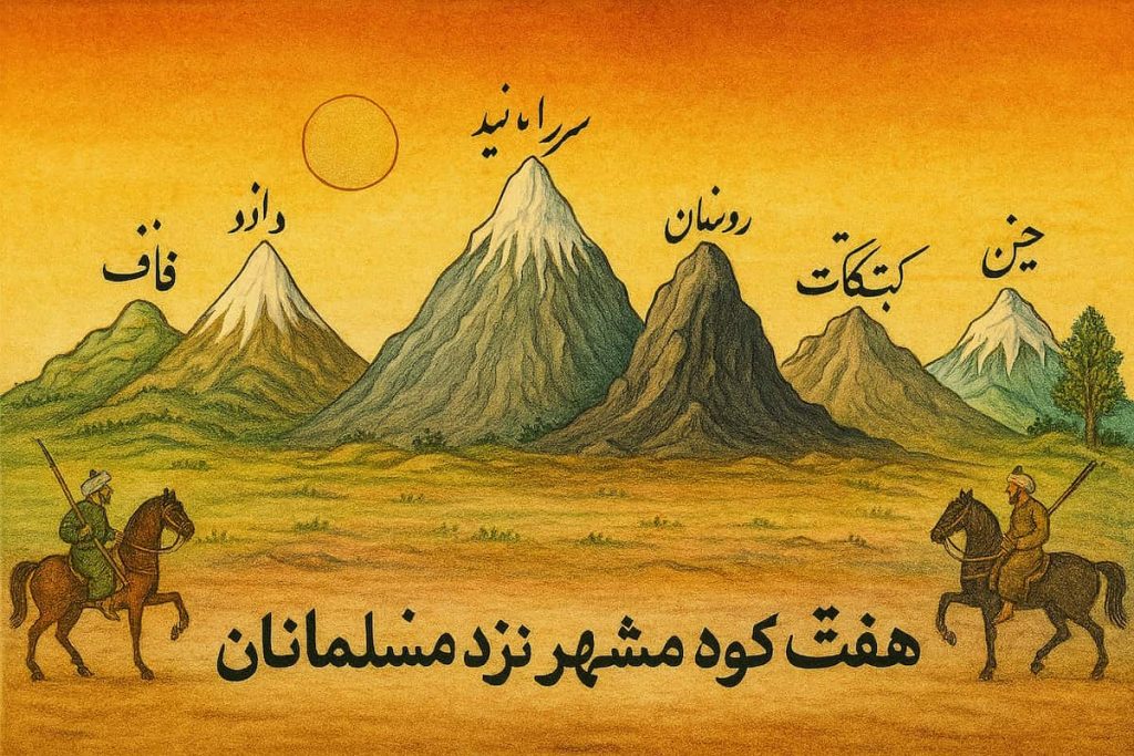 تصویر نگارگری سنتی از هفت کوه مقدس نزد مسلمانان شامل قاف، دماوند، سراندیب، گلستان، ورن، جبال قبق و کوه چین هویت دماوند