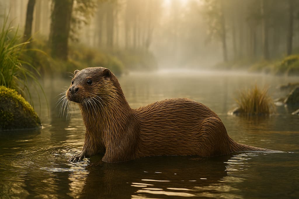 شنگ نیمهغوطهور در رودخانهای زلال با خز ضخیم و پنجههای پردهدار در جنگل مهآلود