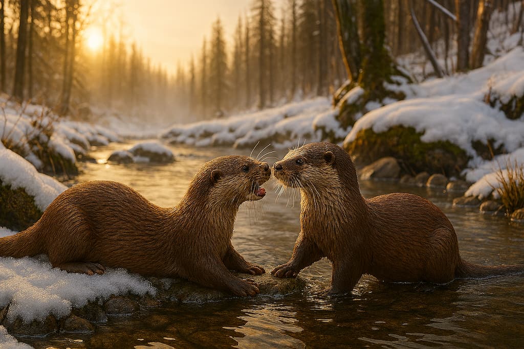 دو شنگ معمولی در حال تعامل و بازی در کنار رودخانهای نیمهمنجمد در جنگلهای برفی سیبری
