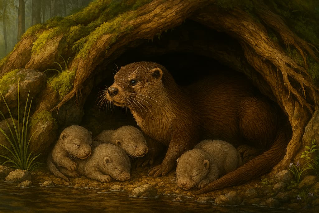 شنگ ماده در کنار تولههای خاکستری رنگ با چشمان بسته در لانهای طبیعی زیر ریشه درخت