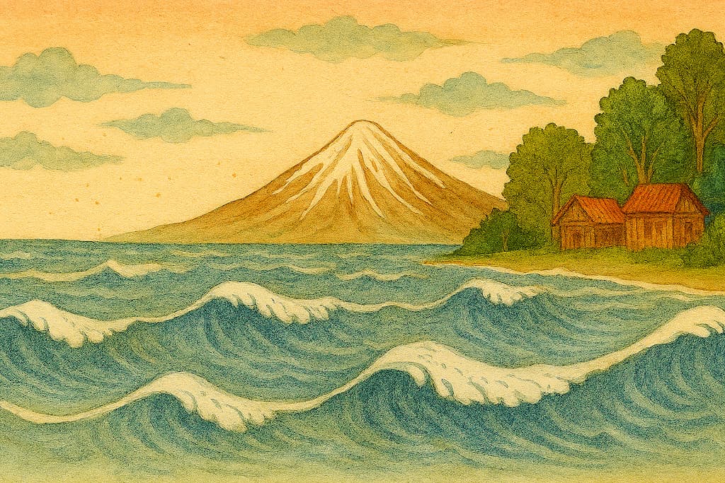 منظره هنری از دریای خزر با ساحل سرسبز و موجهای آرام در سبک نگارگری ایرانی