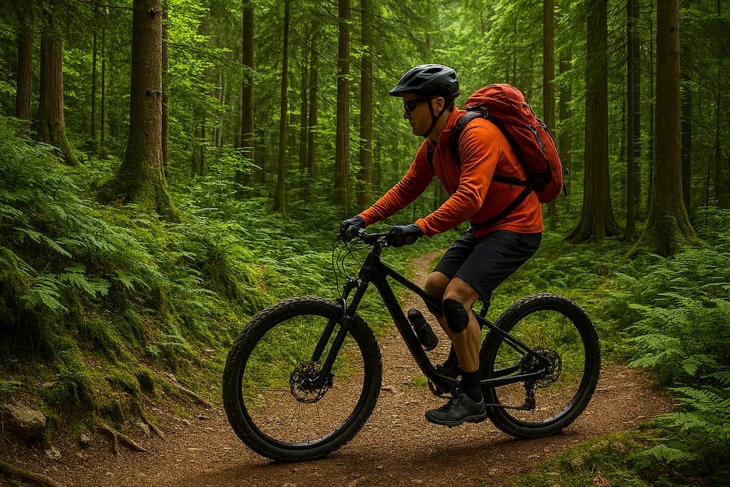 دوچرخهسوار در حال رکابزنی در مسیر کوهستانی با چشمانداز قلههای برفی