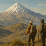 دو کوهنورد در حال تماشای کوه دماوند در تابستان، در چشم‌اندازی طبیعی و تاریخی دورزنی دماوند در سال ۱۳۱۵