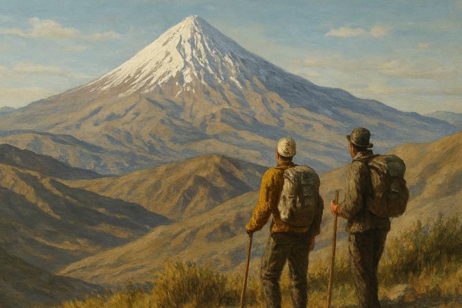 دو کوهنورد در حال تماشای کوه دماوند در تابستان، در چشم‌اندازی طبیعی و تاریخی دورزنی دماوند در سال ۱۳۱۵