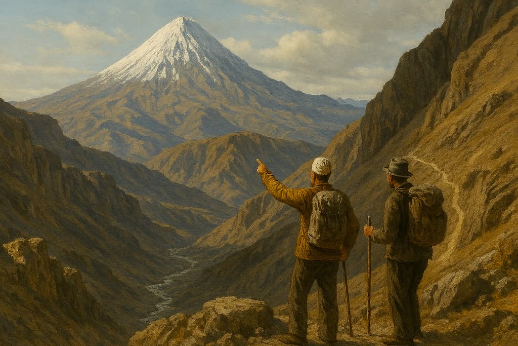 دو کوهنورد در ارتفاعات اطراف دماوند، یکی مسیر را با دست نشان میدهد؛ کوه دماوند در پسزمینه