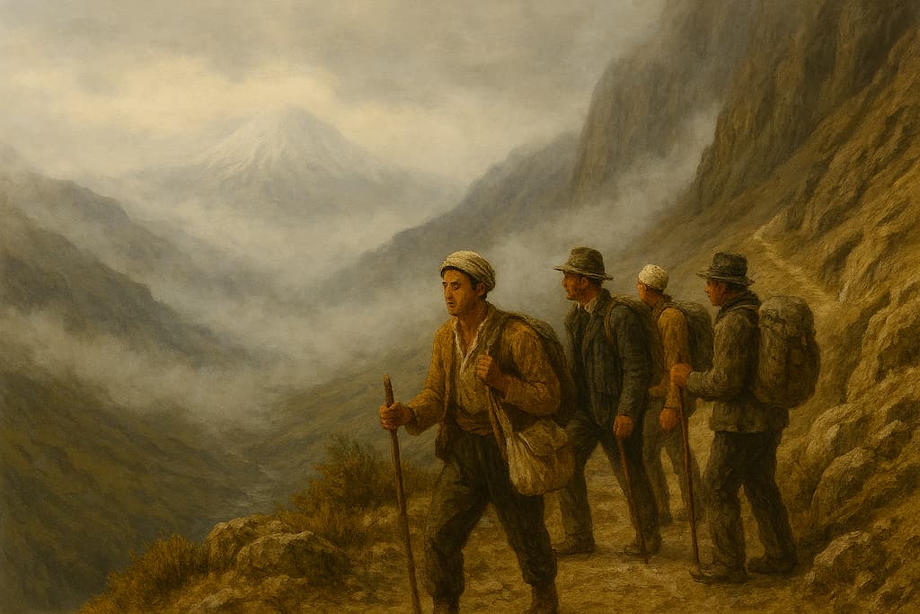 گروه کوهنوردان در مسیر مهآلود و بارانی اطراف دماوند، با کوه در پسزمینه