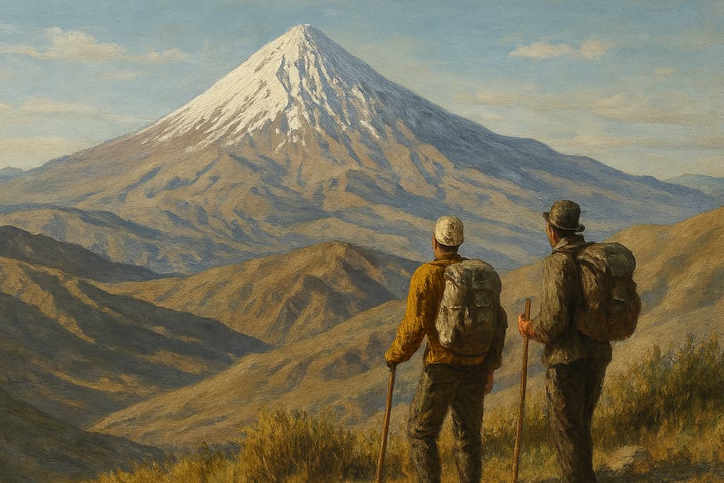 دو کوهنورد در حال تماشای کوه دماوند در تابستان، در چشماندازی طبیعی و تاریخی دورزنی دماوند در سال ۱۳۱۵