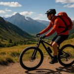 دوچرخه‌سوار در حال رکاب‌زنی در مسیر کوهستانی با چشم‌انداز قله‌های برفی کوهنوردی با دوچرخه