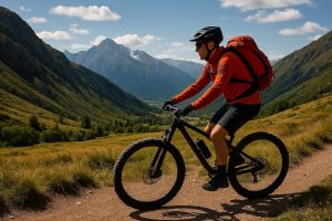 دوچرخه‌سوار در حال رکاب‌زنی در مسیر کوهستانی با چشم‌انداز قله‌های برفی کوهنوردی با دوچرخه